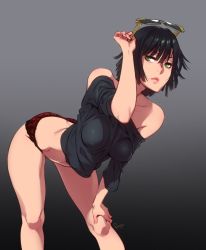 Rule 34 | 1girl, adjusting eyewear, arched back, ass, back, bare shoulders, bent over, black hair, black shirt, blouse, breasts, feguimel, fubuki (one-punch man), gradient background, green eyes, leaning forward, medium breasts, navel, no pants, one-punch man, panties, red panties, shirt, short hair, solo, standing, sunglasses, sunglasses on head, underwear