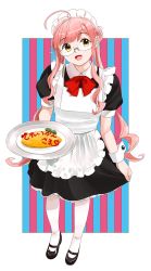 Rule 34 | 1girl, ahoge, alternate costume, apron, bad id, bad twitter id, black dress, black footwear, double bun, dress, food, frilled apron, frills, full body, glasses, hair bun, highres, kantai collection, long hair, looking at viewer, maid, maid headdress, makigumo (kancolle), mary janes, ojipon, omelet, omurice, pantyhose, pink hair, rimless eyewear, semi-rimless eyewear, shoes, short sleeves, smile, solo, standing, striped, striped background, twintails, waitress, white apron, white pantyhose, wrist cuffs, yellow eyes