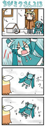 Rule 34 | &gt; &lt;, 4koma, \o/, aqua hair, arms up, chibi, chibi miku, comic, closed eyes, hatsune miku, kagamine rin, long image, minami (colorful palette), outstretched arms, silent comic, snow, tall image, twintails, vocaloid, you&#039;re doing it wrong