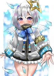 Rule 34 | 1girl, absurdres, amane kanata, amane kanata (1st costume), angel, angel wings, armband, blue bow, blue hair, blush, bob cut, bow, falling feathers, feathered wings, feathers, grey hair, halo, highres, hololive, long sleeves, looking at viewer, multicolored hair, purple eyes, reaching, reaching towards viewer, short hair, smile, solo, star halo, streaked hair, taji (0otjvdaomwqtqbx), virtual youtuber, wings