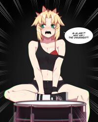 Rule 34 | 1girl, absurdres, bare shoulders, black shorts, black tank top, blonde hair, bra, breasts, english text, fate/grand order, fate (series), green eyes, highres, hyperbudd, long hair, looking to the side, midriff, mordred (fate), mordred (fate/apocrypha), navel, parted bangs, ponytail, red bra, revision, shorts, sidelocks, sitting, small breasts, solo, speech bubble, tank top, underwear