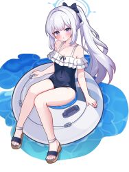 Rule 34 | 1girl, bare legs, black one-piece swimsuit, blue archive, blue halo, blush, borii, collarbone, covered navel, frilled one-piece swimsuit, frills, grey hair, halo, highres, innertube, long hair, looking at viewer, miyako (blue archive), miyako (swimsuit) (blue archive), off-shoulder one-piece swimsuit, off shoulder, one-piece swimsuit, parted lips, ponytail, purple eyes, sandals, simple background, solo, swim ring, swimsuit, toes, white background