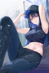 Rule 34 | 1girl, absurdres, bare shoulders, baseball cap, black hair, black hat, black pants, black shirt, blue archive, blue eyes, breasts, chankuro, crop top, halo, hat, highres, large breasts, long hair, looking at viewer, midriff, navel, open mouth, pants, saori (blue archive), shirt, sitting, sleeveless, sleeveless shirt, solo, thighs
