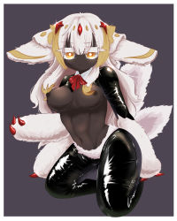 Rule 34 | 1girl, absurdres, breasts, claws, dark-skinned female, dark skin, eukkli, faputa, highres, made in abyss, medium breasts, meme attire, multiple arms, multiple tails, orange eyes, reverse bunnysuit, reverse outfit, shiny clothes, solo focus, tail, white fur, white hair, yellow eyes