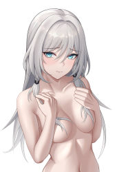 Rule 34 | 1girl, absurdres, an-94 (girls&#039; frontline), aqua eyes, breasts, constantine-xii, girls&#039; frontline, grey hair, hair censor, highres, long hair, medium breasts, nude, sidelocks, simple background, solo, upper body, white background