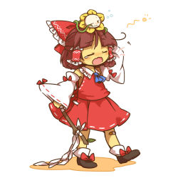 Rule 34 | androgynous, arm up, ascot, bandaid, bandaid on knee, bandaid on leg, black footwear, blush, bow, brown hair, bubble, closed eyes, closed mouth, cosplay, detached sleeves, flower, flowey (undertale), footwear bow, frisk (undertale), full body, gender request, gohei, hair bow, hair tubes, hakurei reimu, hakurei reimu (cosplay), highres, holding, iiwake, japanese clothes, leaf, long sleeves, miko, motion lines, on head, one eye closed, open mouth, red bow, ribbon-trimmed sleeves, ribbon trim, rubbing eyes, shoes, short hair, simple background, skirt, skirt set, standing, stick, teardrop, tears, touhou, undertale, white background, wide sleeves, yawning
