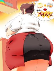 Rule 34 | 1girl, ass, breasts, brown eyes, brown hair, chef, fat, highres, huge ass, huge breasts, obese, squarewave