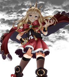 Rule 34 | &gt;:), 10s, 1girl, bad id, bad twitter id, black footwear, black thighhighs, blonde hair, boots, bow, bowtie, bracelet, bracer, bright pupils, cagliostro (granblue fantasy), cape, cloud, cloudy sky, cross-laced footwear, crown, evil smile, gloves, granblue fantasy, grin, hairband, hand on own hip, highres, jewelry, lace-up boots, long hair, looking at viewer, nagashii kouhei, purple eyes, red bow, red skirt, skirt, sky, smile, solo, thighhighs, v-shaped eyebrows, zettai ryouiki