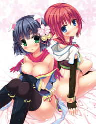 Rule 34 | 2girls, animal ears, areola slip, ass, back, bell, black hair, black legwear, blue eyes, blush, bottomless, braid, breast hold, breasts, cleavage, dog ears, elbow gloves, female focus, flower, gloves, green eyes, hair bell, hair flower, hair ornament, hunter (ragnarok online), japanese clothes, jingle bell, kizuki erika, large breasts, long hair, looking at viewer, looking back, multiple girls, ninja, ninja (ragnarok online), nipples, off shoulder, pointy ears, ragnarok online, red hair, scarf, shin guards, short hair, sitting, small breasts, thighhighs, twin braids, vambraces