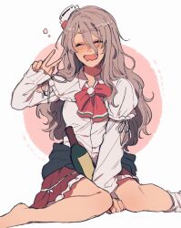 Rule 34 | 1girl, alcohol, blush, bottle, bow, bowtie, closed eyes, drooling, drunk, facing viewer, frills, full body, grey hair, hair between eyes, hat, highres, kantai collection, long hair, long sleeves, messy hair, mini hat, mouth drool, open mouth, pola (kancolle), red bow, red bowtie, red skirt, shirt, simple background, sitting, skirt, solo, sumoffu, tilted headwear, twitter username, v, wariza, wavy hair, white background, white shirt, wine bottle
