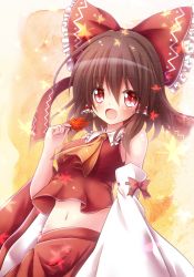 Rule 34 | 1girl, :d, ascot, bow, brown hair, commentary request, detached sleeves, eyes visible through hair, frilled bow, frilled shirt collar, frills, hair between eyes, hair bow, hair tubes, hakurei reimu, hand up, highres, leaf, long hair, looking at viewer, maple leaf, midriff, navel, open mouth, osashin (osada), partial commentary, red eyes, red shirt, red skirt, shirt, skirt, smile, solo, touhou, wide sleeves, yellow ascot