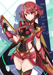 Rule 34 | 1girl, aono shimo, bad id, bad twitter id, black thighhighs, blush, copyright name, covered navel, cowboy shot, earrings, fingerless gloves, gloves, head tilt, highres, holding, holding sword, holding weapon, jewelry, looking at viewer, nintendo, pyra (xenoblade), red hair, red shorts, short hair, shorts, sidelocks, skindentation, solo, swept bangs, sword, thighhighs, tiara, weapon, xenoblade chronicles (series), xenoblade chronicles 2