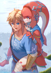 Rule 34 | 1boy, 1girl, absurdres, anklet, bandaged leg, bandages, blonde hair, blue eyes, blue tunic, blush, bracelet, brown gloves, carrying, collarbone, colored skin, fingerless gloves, fins, fish girl, gloves, hands on another&#039;s shoulders, head fins, headpiece, highres, jewelry, leather, leather gloves, link, lipstick, looking at another, makeup, mipha, neck ring, nintendo, open mouth, piggyback, ponytail, red skin, saburou (jako), sheikah slate, sidelocks, smile, the legend of zelda, the legend of zelda: breath of the wild, walking, yellow eyes, zora