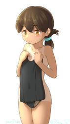 Rule 34 | 1girl, black one-piece swimsuit, blue ribbon, brown eyes, brown hair, clothes in front, cowboy shot, flat chest, folded ponytail, hair ribbon, kantai collection, kasuga maru (kancolle), long hair, one-hour drawing challenge, one-piece swimsuit, one-piece tan, ray.s, ribbon, school swimsuit, simple background, solo, swept bangs, swimsuit, unworn swimsuit, taiyou (kancolle), tan, tanline, white background