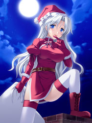 Rule 34 | 1girl, bad id, bad pixiv id, belt, blue eyes, boots, china dress, chinese clothes, christmas, dress, full moon, gloves, hat, long hair, moon, night, original, red gloves, sack, santa costume, santa hat, solo, thighhighs, totokichi, white hair