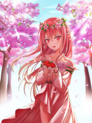 Rule 34 | 1girl, :d, absurdres, blue sky, cherry blossoms, collarbone, day, detached sleeves, dress, floating hair, flower, frilled sleeves, frills, hair between eyes, hair flower, hair ornament, head wreath, highres, huge filesize, long hair, long sleeves, open mouth, original, outdoors, petals, pink dress, pink flower, pink hair, pink sleeves, pointy ears, red eyes, sky, smile, solo, standing, star-ring, very long hair