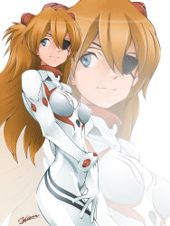 1girl, artist request, blue eyes, breasts, brown hair, curvy, evangelion: 3.0+1.0 thrice upon a time, eyepatch, highres, long hair, looking to the side, neon genesis evangelion, plugsuit, rebuild of evangelion, simple background, smile, solo, soryu asuka langley, twintails
