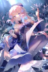 Rule 34 | 1girl, blue hair, brooch, bubble, colored tips, commentary, coral, dated, detached collar, fins, full body, genshin impact, gloves, grey pantyhose, hands up, highres, jewelry, ling mou, long hair, long sleeves, looking at viewer, multicolored hair, open mouth, pantyhose, photo background, pink hair, sangonomiya kokomi, signature, single glove, solo, symbol-only commentary, underwater, very long hair, vision (genshin impact), white gloves, wide sleeves
