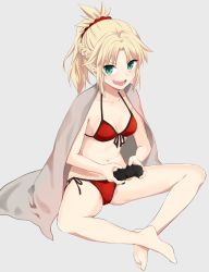 Rule 34 | &gt;:d, 1girl, :d, bare legs, barefoot, bikini, blonde hair, braid, breasts, cleavage, controller, dualshock, fate/grand order, fate (series), front-tie bikini top, front-tie top, full body, game controller, gamepad, green eyes, grey background, halterneck, ica, indian style, jpeg artifacts, long hair, mordred (fate), mordred (fate) (all), mordred (fate/apocrypha), mordred (swimsuit rider) (fate), mordred (swimsuit rider) (first ascension) (fate), navel, open mouth, playstation controller, ponytail, side-tie bikini bottom, simple background, sitting, small breasts, smile, solo, string bikini, swimsuit, v-shaped eyebrows
