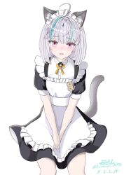 Rule 34 | 1girl, admi (nikke), ahoge, alternate costume, animal ears, apron, arms between legs, black dress, blush, bow, bowtie, breasts, cat ears, cat tail, dated, dress, enmaided, fake animal ears, fake tail, goddess of victory: nikke, green hair, grey hair, hair ornament, highres, hormone nikke, looking at viewer, maid, maid apron, maid headdress, medium hair, multicolored hair, pink eyes, sidelocks, signature, simple background, small breasts, solo, streaked hair, tail, white apron, white background, yellow bow, yellow bowtie