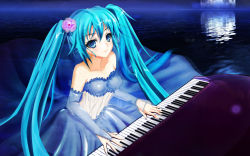 Rule 34 | 1girl, aqua hair, blue eyes, breasts, bridal gauntlets, dress, female focus, flower, gown, hair flower, hair ornament, hatsune miku, highres, instrument, long hair, piano, solo, strapless, strapless dress, twintails, ushas, very long hair, vocaloid