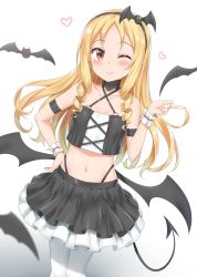 Rule 34 | 10s, 1girl, ;), absurdres, armband, bat (animal), bat hair ornament, bat wings, blonde hair, blush, breasts, brown eyes, collarbone, commentary request, demon tail, drill hair, eromanga sensei, hair ornament, hairband, hand on own hip, heart, highres, long hair, looking at viewer, midriff, navel, nedia (nedia region), one eye closed, pointy ears, simple background, skirt, small breasts, smile, solo, tail, white background, white legwear, wings, wrist cuffs, yamada elf