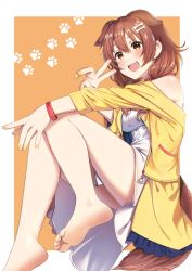 Rule 34 | 1girl, animal collar, animal ears, bare legs, barefoot, blush, bone hair ornament, bracelet, braid, brown eyes, brown hair, casino (casinoep), coat, collar, commentary request, dog ears, dog girl, dog tail, dress, feet, hair ornament, hololive, inugami korone, inugami korone (1st costume), jewelry, long hair, long sleeves, looking at viewer, low twin braids, nail polish, off shoulder, open mouth, smile, soles, solo, tail, toes, twin braids, v, virtual youtuber, white dress, yellow coat, yellow nails