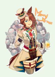 Rule 34 | 1girl, animal ears, bell, belt, bow, bowtie, breasts, brown hair, collared shirt, cropped legs, cup, detached sleeves, finger heart, gaman, garter straps, green eyes, hand up, hat, heart, highres, holding, holding cup, horse ears, horse girl, horse tail, jacket, long hair, looking at viewer, mejiro palmer (umamusume), mejiro palmer (warm-hearted reindeer) (umamusume), merry christmas, midriff peek, multicolored hair, neck bell, one eye closed, open clothes, open jacket, open mouth, plaid, plaid shorts, plaid vest, shirt, short shorts, shorts, side ponytail, signature, sleeveless, sleeveless jacket, small breasts, smile, solo, streaked hair, tail, thighhighs, top hat, umamusume, vest, white background, white jacket, white thighhighs