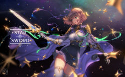 Rule 34 | 1girl, aiguillette, artist name, blonde hair, blue skirt, blurry, breasts, cloak, depth of field, green eyes, high-waist skirt, highres, holding, holding sword, holding weapon, love cacao, medium breasts, original, parted lips, short hair, skirt, solo, star (symbol), sword, thighhighs, thighs, underbust, wavy hair, weapon, white thighhighs