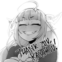 Rule 34 | 1girl, ahoge, blunt bangs, bow, braid, brooch, closed eyes, collared shirt, commentary, diagonal-striped bow, dragon girl, dragon horns, english commentary, english text, facing viewer, greyscale, grin, hairband, highres, hololive, horn bow, horn ornament, horns, jacket, jewelry, kiryu coco, kiryu coco (1st costume), krekkov, long hair, monochrome, pointy ears, portrait, shirt, side braid, sidelocks, simple background, single braid, smile, solo, striped, striped bow, thank you, virtual youtuber, white background