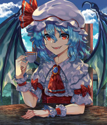Rule 34 | 1girl, absurdres, arms on table, blue hair, bow, brooch, center frills, cloud, collared shirt, commentary, creeper (gametime), cup, fangs, frilled shirt collar, frills, hat, hat ribbon, highres, holding, holding cup, jewelry, mob cap, open mouth, red bow, red eyes, red neckwear, red ribbon, remilia scarlet, ribbon, shirt, short sleeves, sitting, sky, solo, table, teacup, touhou, white hat, white shirt, wings, wrist cuffs