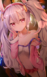 Rule 34 | 1girl, animal ears, azur lane, blurry, bokeh, breasts, camisole, collarbone, depth of field, fake animal ears, hair between eyes, highres, laffey (azur lane), looking at viewer, medium breasts, red eyes, solo, thighhighs, tou tou, twintails, v, white hair, white thighhighs