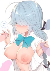 Rule 34 | 1girl, ahoge, alternate breast size, black ribbon, blush, bow, bowtie, braid, breasts, breasts out, brown eyes, commentary request, erection, flying sweatdrops, grey hair, hair between eyes, hair over one eye, hair ribbon, hamanami (kancolle), handjob, hetero, invisible penis, kantai collection, large areolae, large breasts, long hair, long sleeves, multiple boys, multiple penises, nipples, penis, penis grab, puffy nipples, ribbon, school uniform, shirt, single braid, sweatdrop, watanon (gakushokutei), white shirt
