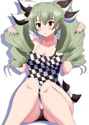 Rule 34 | 1girl, :o, anchovy (girls und panzer), black ribbon, black shorts, breasts, casual, checkered clothes, checkered shirt, commentary, drill hair, girls und panzer, green hair, hair ribbon, hands in hair, highres, invisible chair, long hair, looking at viewer, medium breasts, meiya, parted lips, red eyes, ribbon, shadow, shirt, short shorts, shorts, simple background, sitting, solo, tied shirt, twin drills, twintails, white background, white ribbon