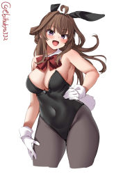 Rule 34 | 1girl, ahoge, alternate costume, animal ears, black leotard, blush, bow, bowtie, breasts, brown hair, cowboy shot, double bun, ebifurya, fake animal ears, fake tail, gloves, hair bun, hairband, hand on own hip, highres, kantai collection, kongou (kancolle), large breasts, leotard, long hair, looking at viewer, open mouth, pantyhose, playboy bunny, purple eyes, rabbit ears, rabbit tail, simple background, smile, solo, strapless, strapless leotard, tail, twitter username, white background, white gloves