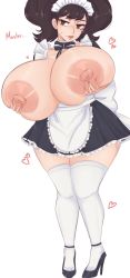 Rule 34 | 1girl, artist request, breasts, brown eyes, curvy, female focus, full body, gigantic breasts, heart, highres, huge breasts, kawakami sadayo, large areolae, maid, persona, persona 5, solo, spookiebuni, sweat, thick thighs, thighs, twintails, wide hips