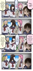 Rule 34 | blonde hair, brown hair, bullying, cacomistle (artist), commentary request, english text, hard-translated, heckling, highres, original, pink hair, school uniform, third-party edit