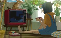 Rule 34 | 1girl, animal, animal ears, animated, black hair, bob cut, cat, cat ears, crt, famicom, famicom gamepad, game cartridge, game console, hanging plant, indoors, on floor, open mouth, original, plant, playing games, potted plant, reflective floor, sakurada22, socks, static, television, video, video