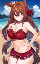 Rule 34 | 1girl, ;o, absurdres, ahoge, animal ears, bare arms, bare shoulders, beach, bikini, bikini skirt, blush, breasts, brown hair, cleavage, contrapposto, cowboy shot, daiwa scarlet (trifle vacation) (umamusume), daiwa scarlet (umamusume), embarrassed, frilled bikini, frills, hair intakes, halterneck, hand on own chest, hand on own hip, highres, horse ears, horse girl, horse tail, inuyayo, large breasts, long hair, low twintails, navel, ocean, official alternate costume, one eye closed, open mouth, red bikini, red eyes, solo, sweatdrop, swimsuit, tail, twintails, umamusume, very long hair