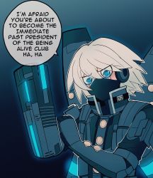 Rule 34 | 1boy, ahoge, android, armor, blue background, blue eyes, cheer (cheerpuppy14), commentary, danganronpa (series), danganronpa v3: killing harmony, english commentary, english text, glados, gradient background, grey hair, hair between eyes, highres, holding, holding weapon, jetpack, k1-b0, looking at viewer, male focus, mask, mouth mask, portal (series), power armor, short hair, solo, speech bubble, upper body, weapon