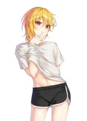 Rule 34 | 1boy, absurdres, black shorts, blonde hair, ensemble stars!, highres, kes 0210, looking at viewer, male focus, midriff peek, multicolored clothes, multicolored shorts, nito nazuna, parted lips, red eyes, shirt, short hair with long locks, short sleeves, shorts, solo, teeth, white shirt, white shorts