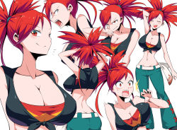 Rule 34 | 1girl, adjusting hair, arched back, ass, bare shoulders, breasts, butt crack, cleavage, commentary request, creatures (company), expressions, flannery (pokemon), game freak, grin, highres, large breasts, looking at viewer, nintendo, pokemon, pokemon oras, red eyes, red hair, shimure (460), simple background, smile, surprised, white background