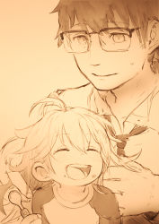 Rule 34 | 1boy, 1girl, amaama to inazuma, black hair, blush, child, closed eyes, father and daughter, feral lemma, glasses, greyscale, happy, inuzuka kouhei, inuzuka tsumugi, long hair, looking at another, monochrome, necktie, open mouth, sepia, short hair, simple background, smile, spoon