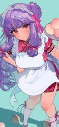 1girl apron baozi breasts china_dress chinese_clothes dim_sum double_bun dress food hair_bun hair_ornament highres long_hair looking_at_viewer miyako_(xxxbibit) purple_hair ranma_1/2 shampoo_(ranma_1/2) smile solo tray white_apron