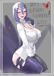 Rule 34 | 1girl, absurdres, arachne, arthropod girl, blush, border, breasts, cleavage, collared shirt, commentary, dated, english commentary, english text, extra eyes, fangs, grey background, hair between eyes, happy birthday, heart, hhhori, highres, huge breasts, insect girl, long sleeves, looking at viewer, monster girl, monster musume no iru nichijou, purple hair, rachnera arachnera, red eyes, shirt, signature, sketch, smile, solo, spider girl, taur, white border, white shirt, wing collar