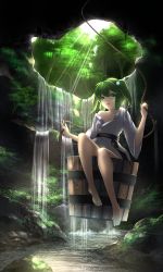 Rule 34 | 1girl, barefoot, bucket, cave, collarbone, forest, green eyes, green hair, hair bobbles, hair ornament, in bucket, in container, japanese clothes, kimono, kisume, long sleeves, matching hair/eyes, nature, off shoulder, pengin (takeoff425), river, sash, sitting, smile, solo, touhou, twintails, water, waterfall, wide sleeves, wooden bucket, yukata
