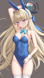 Rule 34 | 1girl, adjusting clothes, adjusting leotard, animal ears, aqua bow, aqua bowtie, arm behind head, arm up, armpits, bare shoulders, blonde hair, blue archive, blue bow, blue bowtie, blue eyes, blue hair, blue hairband, blue leotard, bow, bowtie, braid, breasts, covered navel, cowboy shot, detached collar, earrings, fake animal ears, gluteal fold, grey background, hair bow, hair intakes, hairband, halo, highres, jewelry, keine09, leotard, long hair, looking at viewer, medium breasts, multicolored hair, official alternate costume, playboy bunny, rabbit ears, simple background, single sidelock, skindentation, solo, strapless, strapless leotard, streaked hair, thighhighs, toki (blue archive), toki (bunny) (blue archive), two-tone hair, very long hair, wet, white thighhighs, white wrist cuffs, wrist cuffs