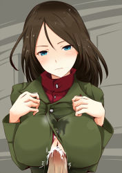 Rule 34 | 10s, 1girl, black hair, blue eyes, blush, breasts, breasts squeezed together, censored, cleavage, cum, ejaculation, girls und panzer, hanchou (shirokun555), large breasts, long hair, looking at viewer, nipples, nonna (girls und panzer), paizuri, paizuri under clothes, penis, pov, pravda military uniform, solo focus, swept bangs