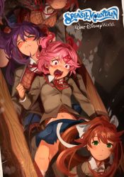 Rule 34 | 4girls, absurdres, amusement park, black thighhighs, blue skirt, blush, bolo tie, bow, breasts, brown hair, brown jacket, brown sweater vest, closed eyes, closed mouth, collared shirt, commentary, disney, disneyland, doki doki literature club, english commentary, expressionless, fang, feet out of frame, floating hair, frown, furrowed brow, green eyes, hair bow, hair ornament, hairclip, highres, jacket, khyle., logo, long hair, long sleeves, looking ahead, looking at viewer, medium breasts, medium hair, midriff peek, monika (doki doki literature club), multiple girls, natsuki (doki doki literature club), navel, necktie, open mouth, panties, pantyshot, pink hair, pleated skirt, ponytail, purple hair, red eyes, red necktie, sayori (doki doki literature club), school uniform, sex toy, shirt, sidelocks, skirt, small breasts, socks, straight hair, sweater vest, swept bangs, thighhighs, twintails, underwear, upper body, vibrator, vibrator in thighhighs, white bow, white panties, white shirt, white socks, x hair ornament, yuri (doki doki literature club), zettai ryouiki
