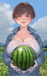 Rule 34 | 1girl, ^ ^, absurdres, blue bra, blue shirt, blue sky, bra, bra visible through clothes, bralines, breasts, brown hair, cleavage, closed eyes, food, fruit, gloves, highres, holding, holding food, huge breasts, mature female, miracle night day, open mouth, original, outdoors, see-through, shirt, short hair, sky, solo, sweat, tank top, underwear, vegetable, watermelon, wet, wet clothes, wet shirt, white gloves, white tank top, yomoda yomo